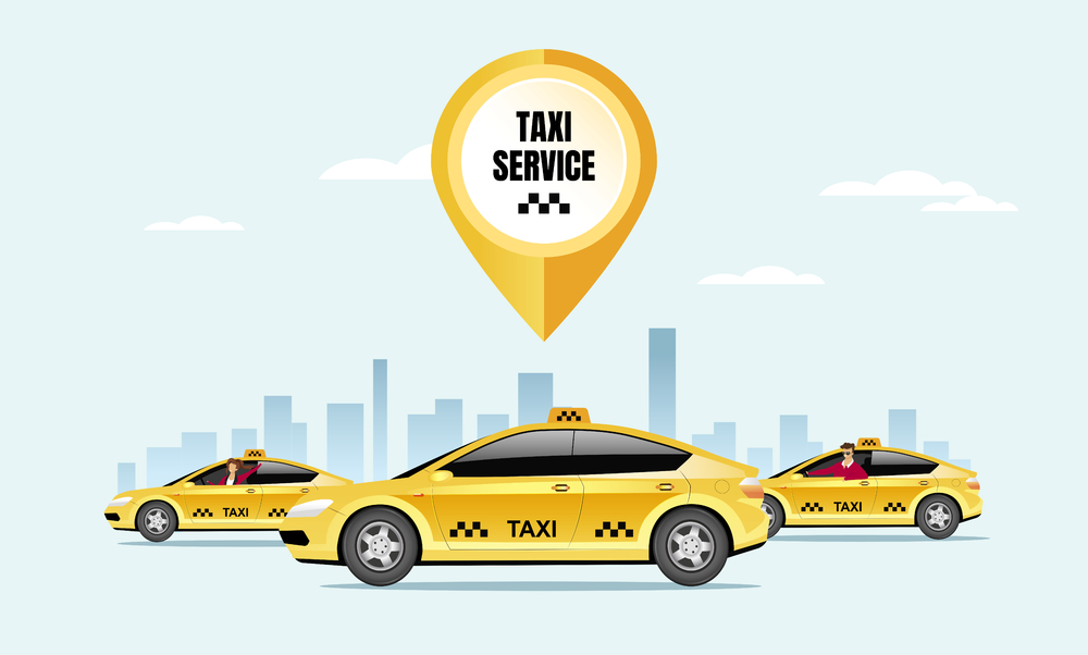 出租车服务平面彩色矢量图黄色出租车司机2D卡通人物背景为城市景观特快专车派送专业客运服务城市旅游