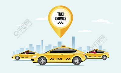 出租车服务平面彩色矢量图。黄色出租车司机 2D 卡通人物,背景为城市景观。特快专车派送,专业客运服务。城市旅游